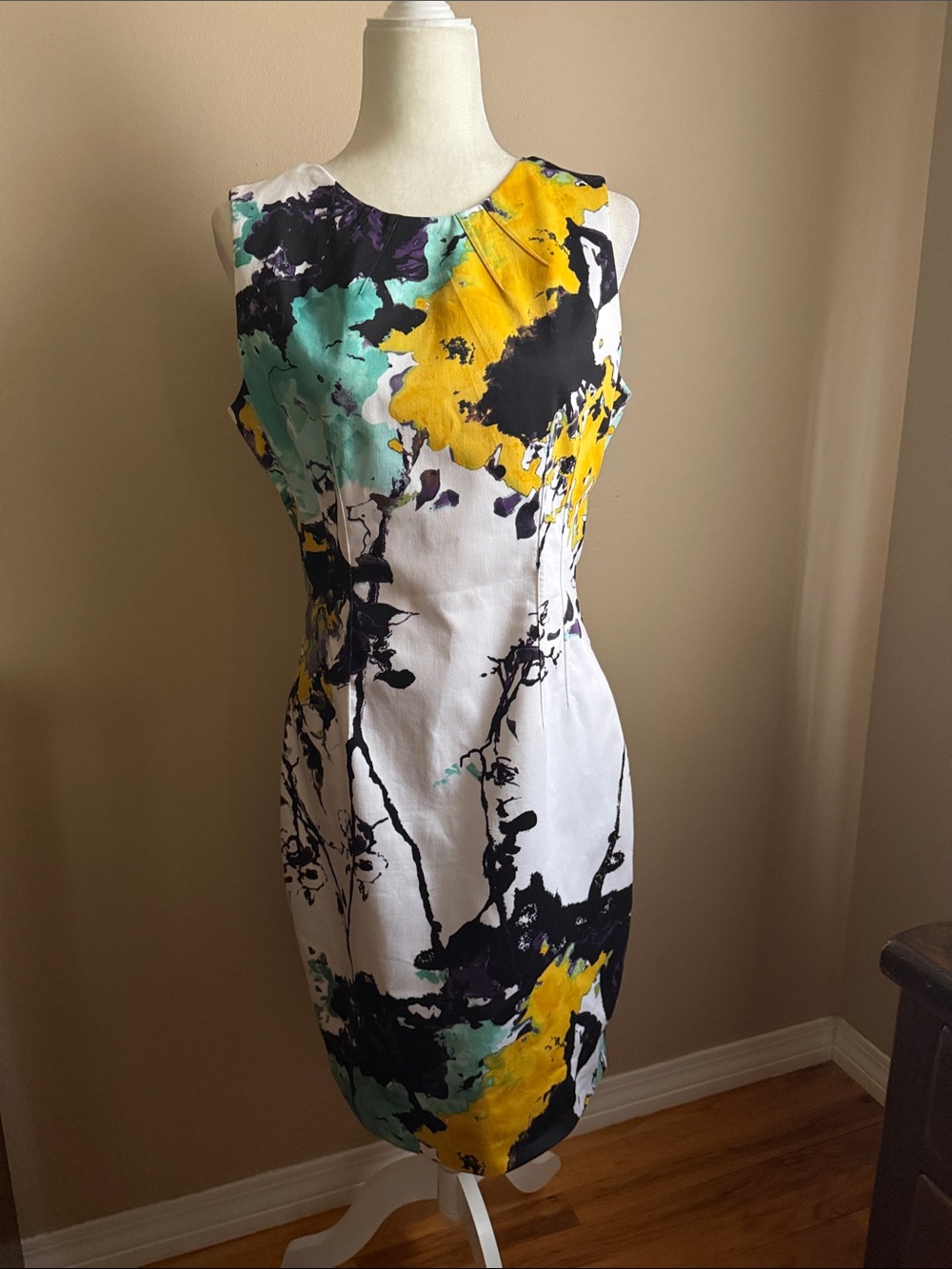 Tahari White Sheath Dress with Yellow, Teal & Black Abstract Print